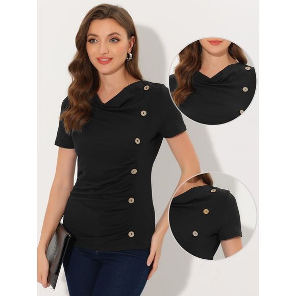 Cowl Neck Women's Short Sleeve Button Decor Ruched Casual Basic T-Shirt Black - Picture 2 of 6